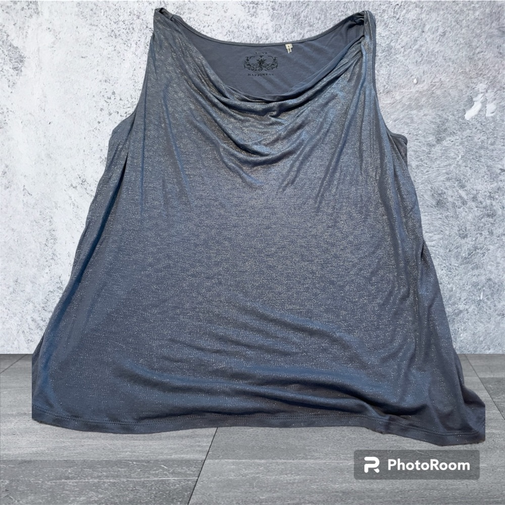 EUC. Women’s Blue-Gray Metallic Sleeveless Top. Size Large. Soft Drape Neckline.